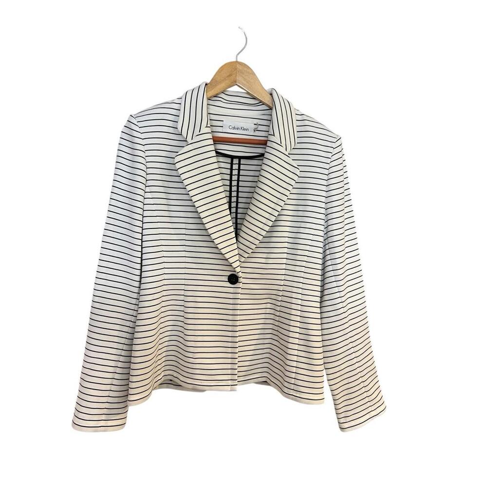 Calvin Klein black white striped 1 button blazer jacket office chic women 8